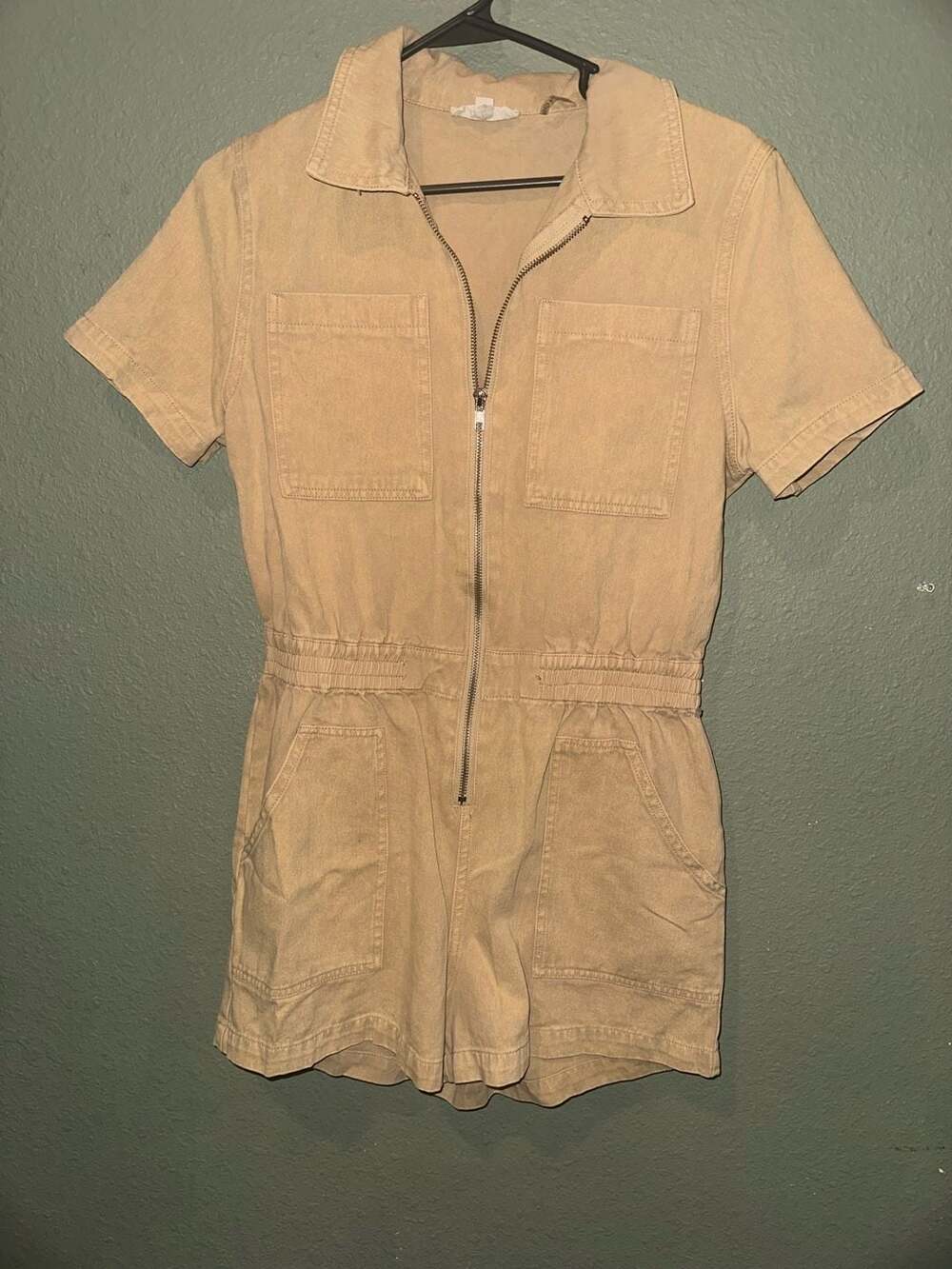 Elan tan short sleeve zip-up utility romper with elastic waist
